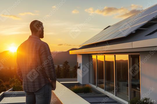Man admiring sunset on a balcony with solar panels
  : Stock Photo or Stock Video Download rcfotostock photos, images and assets rcfotostock | RC Photo Stock.: