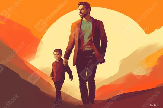 Man and boy walking together against a vivid sunset backdrop  : Stock Photo or Stock Video Download rcfotostock photos, images and assets rcfotostock | RC Photo Stock.: