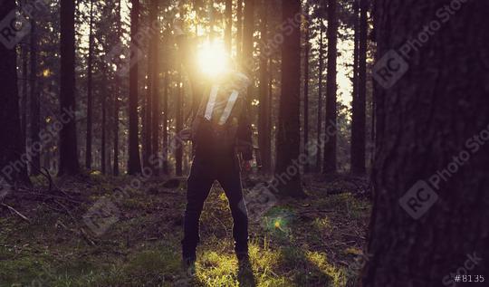 Man enjoying forest at sunset raised hands Travel Lifestyle and success concept  : Stock Photo or Stock Video Download rcfotostock photos, images and assets rcfotostock | RC Photo Stock.: