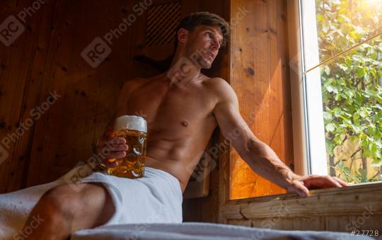 Man holding a german beer mug in bavarian sauna, looking out window, relaxed and shirtless feeling in a spa wellness hotel at oktoberfest  : Stock Photo or Stock Video Download rcfotostock photos, images and assets rcfotostock | RC Photo Stock.: