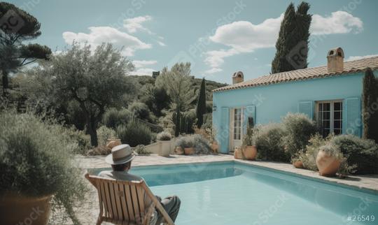 Man relaxing poolside at a Mediterranean blue villa  : Stock Photo or Stock Video Download rcfotostock photos, images and assets rcfotostock | RC Photo Stock.: