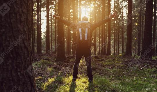 Man Traveler relaxing alone in the forest at sunset with hands raised - Lifestyle concept image  : Stock Photo or Stock Video Download rcfotostock photos, images and assets rcfotostock | RC Photo Stock.:
