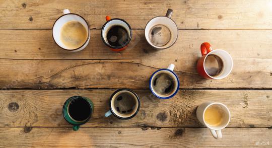 Many Coffee Cups or mugs on a wooden table, top view  : Stock Photo or Stock Video Download rcfotostock photos, images and assets rcfotostock | RC Photo Stock.: