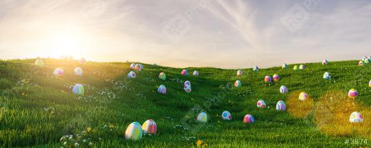 Many colorful easter eggs in the grass of a meadow for easter at sunset  : Stock Photo or Stock Video Download rcfotostock photos, images and assets rcfotostock | RC Photo Stock.: