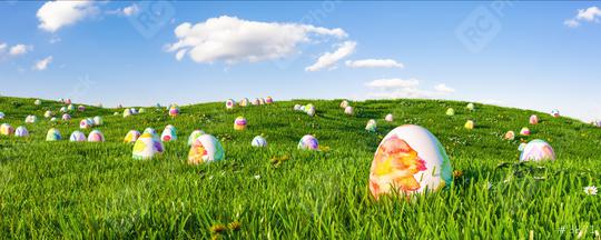 Many colorful easter eggs painted with water paint for easter hunt on a green meadow   : Stock Photo or Stock Video Download rcfotostock photos, images and assets rcfotostock | RC Photo Stock.:
