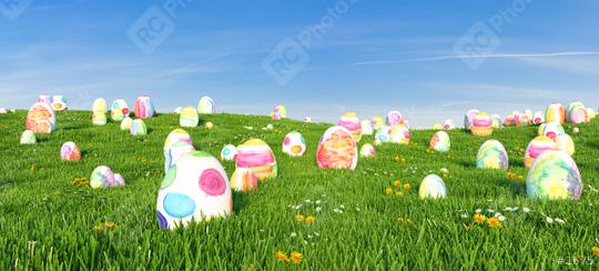 Many colorful watercolor Easter eggs a meadow for Easter Hunt, copy space for individual text  : Stock Photo or Stock Video Download rcfotostock photos, images and assets rcfotostock | RC Photo Stock.: