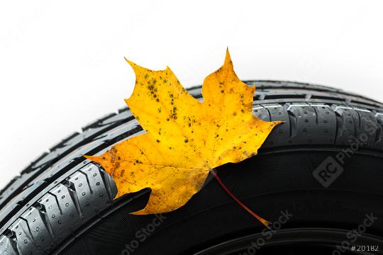 maple leaf on a car tire in the autumn   : Stock Photo or Stock Video Download rcfotostock photos, images and assets rcfotostock | RC Photo Stock.: