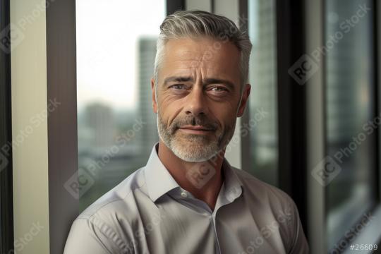 Mature man with grey hair and beard, by a window, radiating calmness  : Stock Photo or Stock Video Download rcfotostock photos, images and assets rcfotostock | RC Photo Stock.: