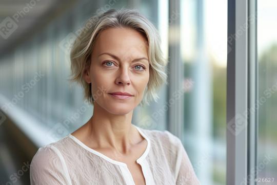 Mature woman with short white hair gazes thoughtfully near a glass panel  : Stock Photo or Stock Video Download rcfotostock photos, images and assets rcfotostock | RC Photo Stock.: