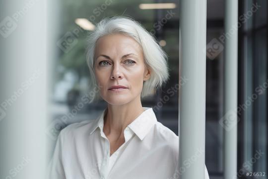 mature woman with short white hair, gazing forward, stands against a modern office background with large window  : Stock Photo or Stock Video Download rcfotostock photos, images and assets rcfotostock | RC Photo Stock.: