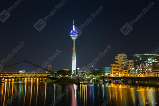 media harbor with Rheinturm tower at night in Dusseldorf  : Stock Photo or Stock Video Download rcfotostock photos, images and assets rcfotostock | RC Photo Stock.: