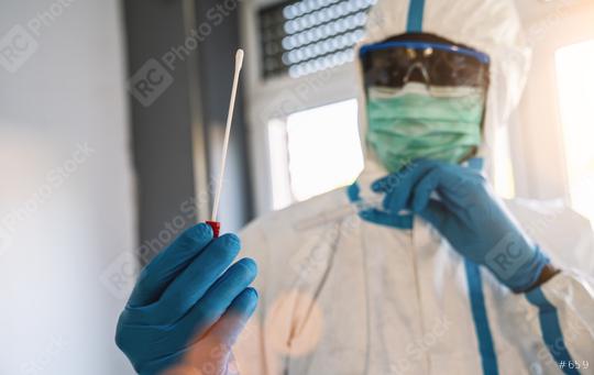 Medical healthcare technologist holding COVID-19 swab collection kit, wearing white PPE protective suit mask gloves, test tube for taking OP NP patient specimen sample,PCR DNA testing protocol process  : Stock Photo or Stock Video Download rcfotostock photos, images and assets rcfotostock | RC Photo Stock.: