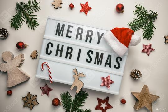 Merry Christmas displayed on a vintage lightbox with santa hat and decoration, concept image  : Stock Photo or Stock Video Download rcfotostock photos, images and assets rcfotostock | RC Photo Stock.:
