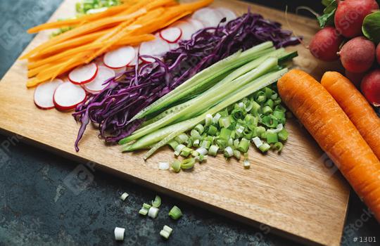 mixed vegetables ready to eat in slices on a wooden board, ready for summer rolls or rice paper rolls  : Stock Photo or Stock Video Download rcfotostock photos, images and assets rcfotostock | RC Photo Stock.: