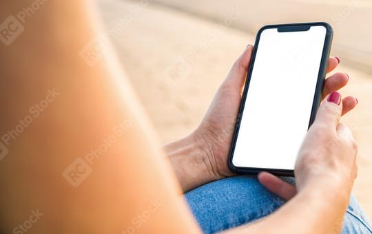 Mockup image of hand holding mobile phone with blank white screen in the city at a summer day  : Stock Photo or Stock Video Download rcfotostock photos, images and assets rcfotostock | RC Photo Stock.: