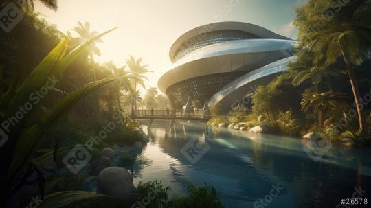 Modern architectural building surrounded by a tropical paradise at dawn  : Stock Photo or Stock Video Download rcfotostock photos, images and assets rcfotostock | RC Photo Stock.: