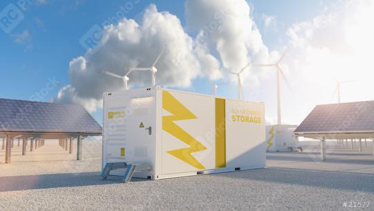 modern battery energy storage system with wind turbines and solar panel power plants in background  : Stock Photo or Stock Video Download rcfotostock photos, images and assets rcfotostock | RC Photo Stock.: