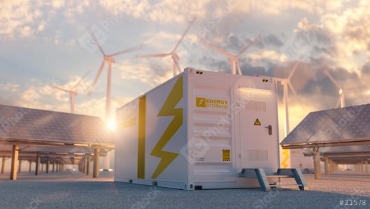 modern battery energy storage system with wind turbines and solar panel power plants in background at sunset  : Stock Photo or Stock Video Download rcfotostock photos, images and assets rcfotostock | RC Photo Stock.: