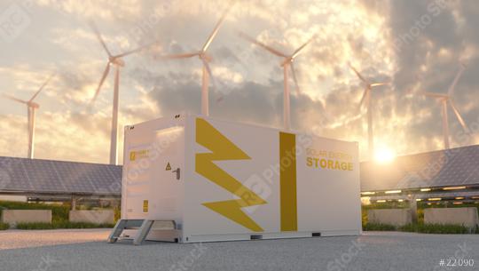 modern battery energy storage system with wind turbines and solar panel power plants in background at sunset. New energy concept image  : Stock Photo or Stock Video Download rcfotostock photos, images and assets rcfotostock | RC Photo Stock.: