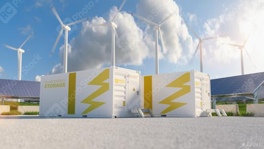 modern battery energy storage system with wind turbines and solar panel power plants in background. New energy concept image  : Stock Photo or Stock Video Download rcfotostock photos, images and assets rcfotostock | RC Photo Stock.: