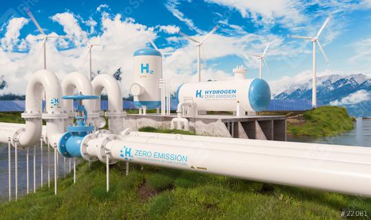 Modern hydrogen energy storage system accompaind by large solar power plant and wind turbine park in sunny summer afteroon light with blue sky and scattered clouds  : Stock Photo or Stock Video Download rcfotostock photos, images and assets rcfotostock | RC Photo Stock.: