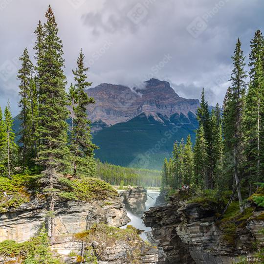 Mountains, river and waterfall make up magnificent landscape. Picturesque Canadian Rockies. The famous rugged Athabasca river. Jasper Park  : Stock Photo or Stock Video Download rcfotostock photos, images and assets rcfotostock | RC Photo Stock.: