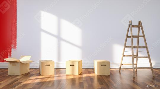 Moving boxes and ladder in empty room in front of a red painted wall  : Stock Photo or Stock Video Download rcfotostock photos, images and assets rcfotostock | RC Photo Stock.: