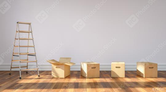 Moving boxes and ladder in empty room in front of a white wall  : Stock Photo or Stock Video Download rcfotostock photos, images and assets rcfotostock | RC Photo Stock.:
