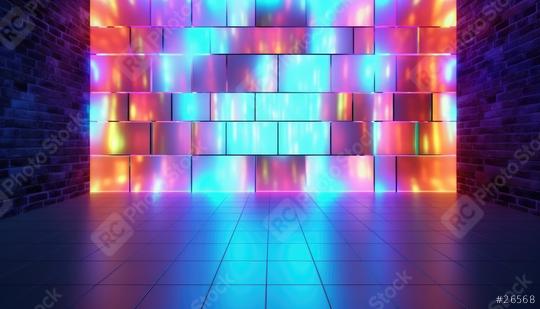 Neon-lit room with colorful panels and brick walls  : Stock Photo or Stock Video Download rcfotostock photos, images and assets rcfotostock | RC Photo Stock.: