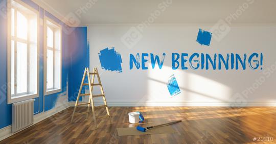 New Beginning written on wall during renovation in a room, with ladder and paint bucket    : Stock Photo or Stock Video Download rcfotostock photos, images and assets rcfotostock | RC Photo Stock.: