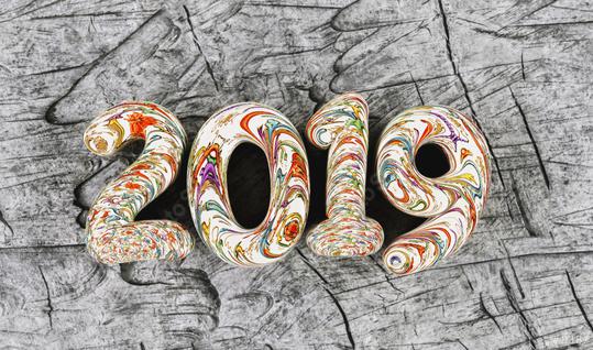 New year 2019 celebration. colorful inked numeral 2019 on timber gray wood background. New Year