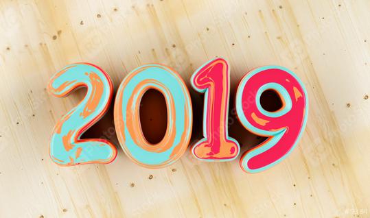New year 2019 celebration. colorful inked numeral 2019 on wood background. New Year