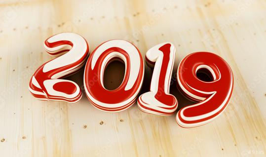 New year 2019 celebration. colorful inked numeral 2019 on wood background. New Year