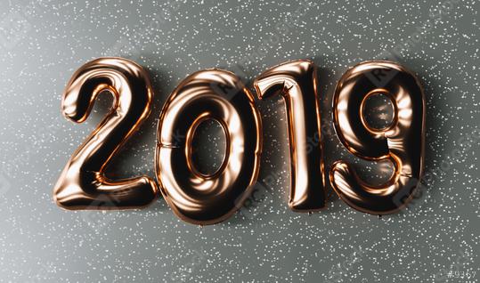 New year 2019 celebration. copper metallic numeral 2019 on gray background. New Year