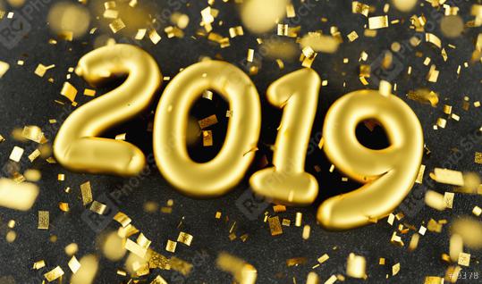 New year 2019 celebration. Gold foil balloons numeral 2019 and confetti on black luxery background. 3d rendering - Illustration   : Stock Photo or Stock Video Download rcfotostock photos, images and assets rcfotostock | RC Photo Stock.: