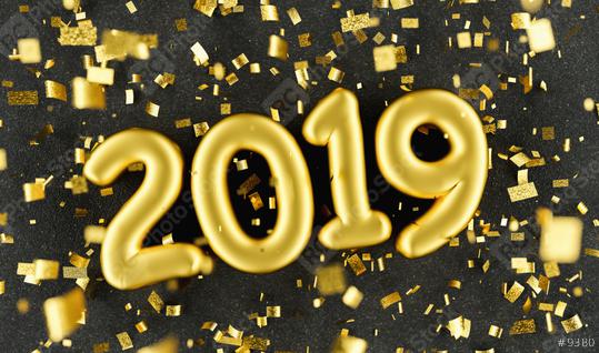 New year 2019 celebration. Gold foil balloons numeral 2019 and confetti on black luxery background. New Year