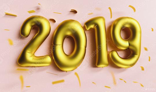 New year 2019 celebration. Gold numeral 2019 and confetti on pink luxery background. New Year