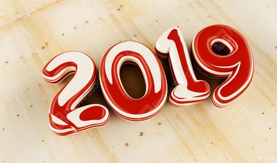 New year 2019 celebration. inked numeral 2019 on wood background. New Year