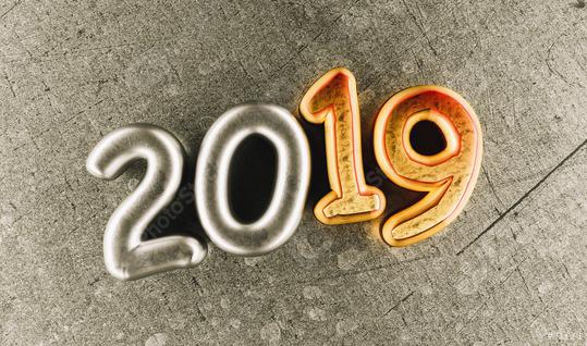 New year 2019 celebration. Silver numeral 2019 and Copper mettalic background. New Year
