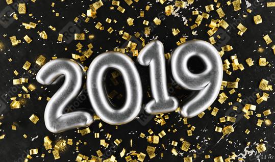 New year 2019 celebration. Silver numeral 2019 and Gold confetti on black luxery background. New Year