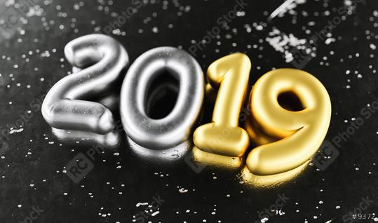 New year 2019 celebration. Silver numeral 2019 and Gold mettalic black background. New Year