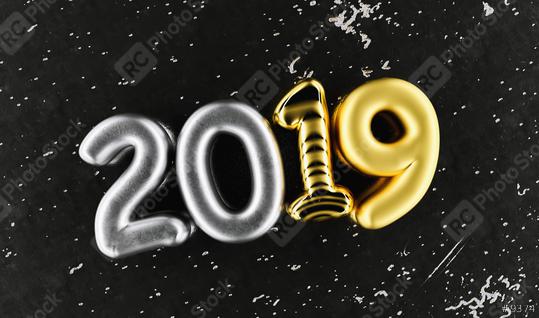 New year 2019 celebration. Silver numeral 2019 and Gold mettalic black background. New Year
