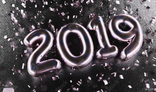 New year 2019 celebration. Silver Purple metallic numeral 2019 and confetti on black background. New Year