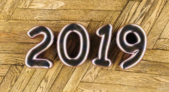New year 2019 celebration. Silver Purple metallic numeral 2019on a old wooden floor background. New Year
