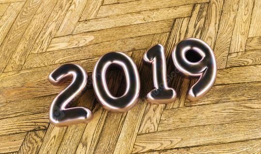 New year 2019 celebration. Silver Purple metallic numeral 2019on a old wooden floor background. New Year