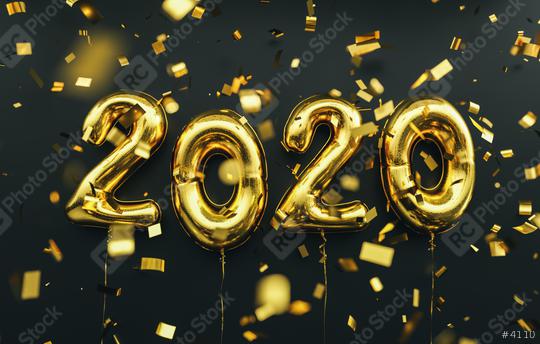 New year 2020 celebration. Gold foil balloons numeral 2020 and confetti on black background  : Stock Photo or Stock Video Download rcfotostock photos, images and assets rcfotostock | RC Photo Stock.: