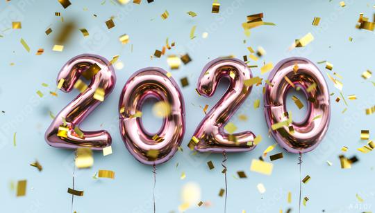 New year 2020 celebration. pink metallic foil balloons numeral 2020 and confetti on blue background  : Stock Photo or Stock Video Download rcfotostock photos, images and assets rcfotostock | RC Photo Stock.: