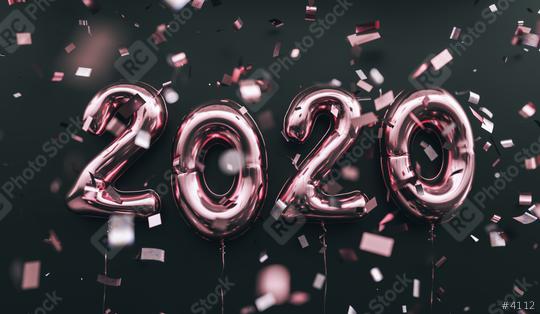 New year 2020 celebration. pink metallic foil balloons numeral 2020 and confetti on black background  : Stock Photo or Stock Video Download rcfotostock photos, images and assets rcfotostock | RC Photo Stock.: