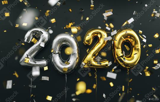 New year 2020 celebration. silver and gold foil balloons numeral 2020 and confetti on black background  : Stock Photo or Stock Video Download rcfotostock photos, images and assets rcfotostock | RC Photo Stock.:
