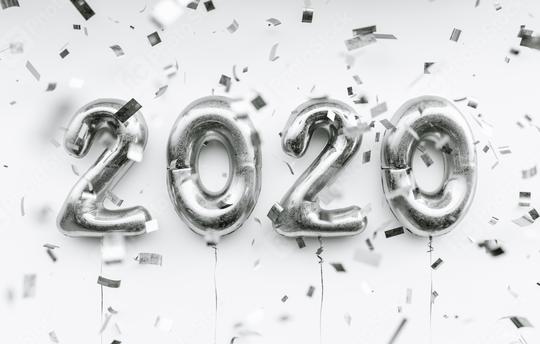 New year 2020 celebration. silver foil balloons numeral 2020 and confetti on blue background  : Stock Photo or Stock Video Download rcfotostock photos, images and assets rcfotostock | RC Photo Stock.: